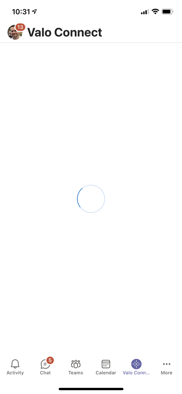 Screen shot of the Microsoft Teams for iOS app with the initial loading spinner